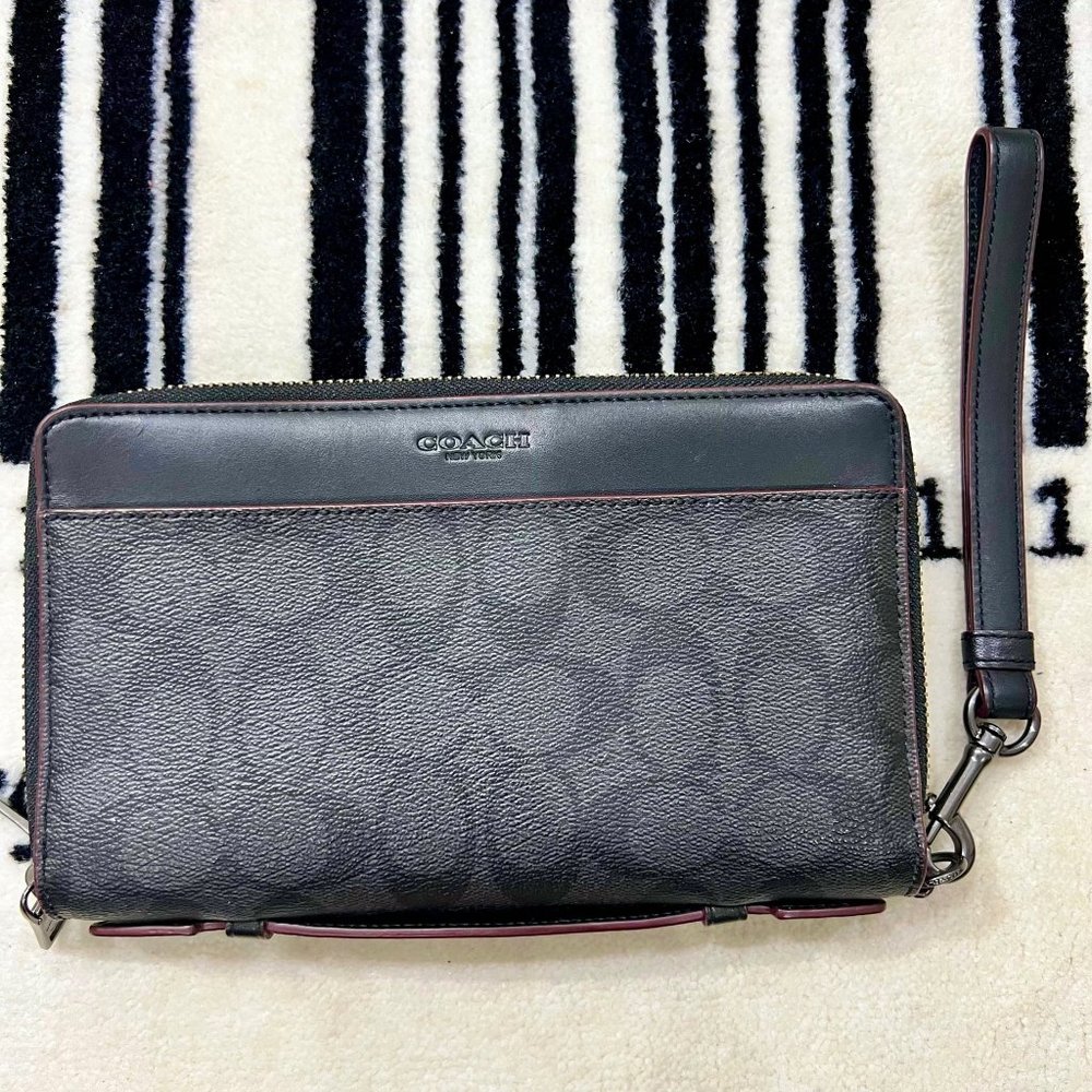 Coach Signature Double Zip Travel Organizer with Wrist Strap Black Oxblood